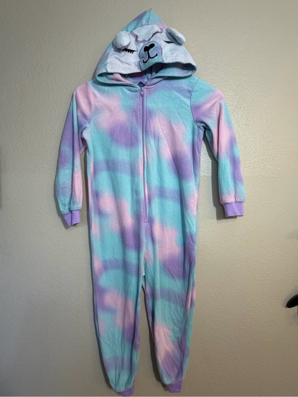 Kids Pastel Tie-Dye Hooded One-Piece Pajamas Llama